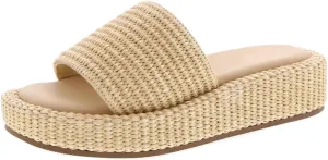 TruFox Raffia Platform Sandals for Women - Summer Slides Comfortable Straw Wedge Slip On