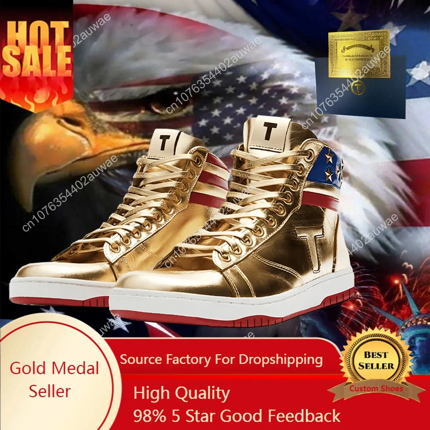 Trump NEVER SURRENDER Gold Mens 2024 MAGA Streetwear Sneakers