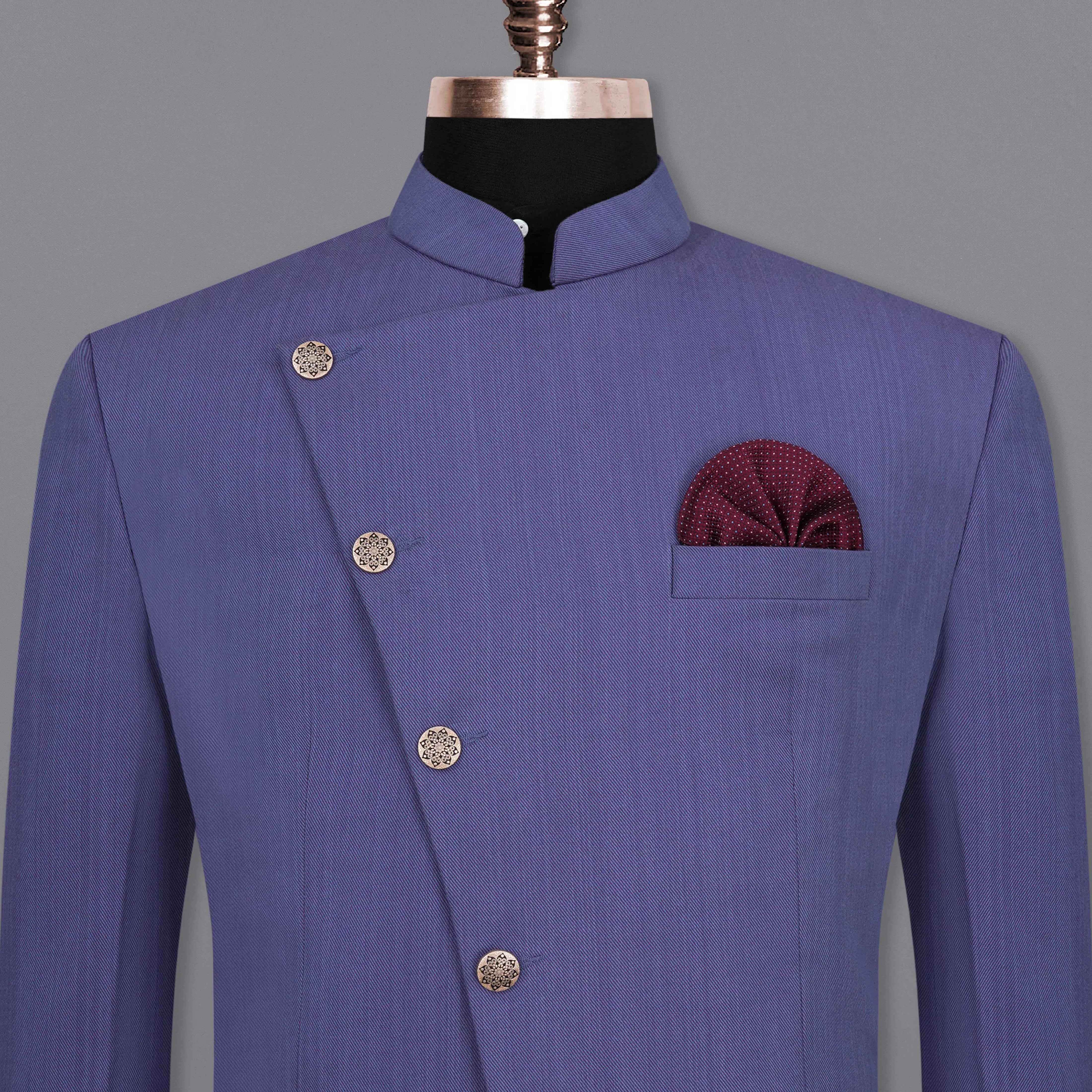 Twilight Blue Premium Cotton Cross Buttoned Bandhgala Blazer