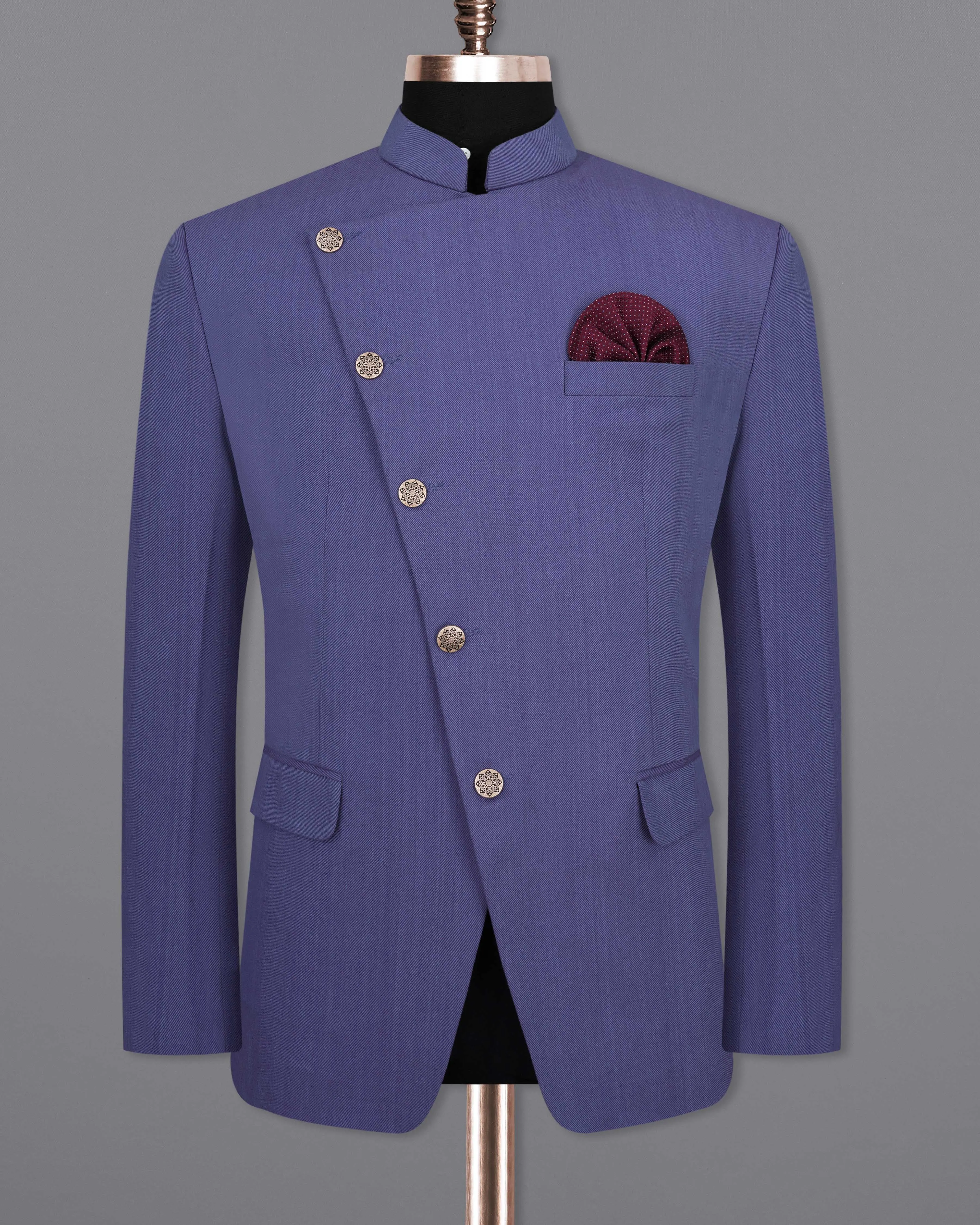 Twilight Blue Premium Cotton Cross Buttoned Bandhgala Blazer