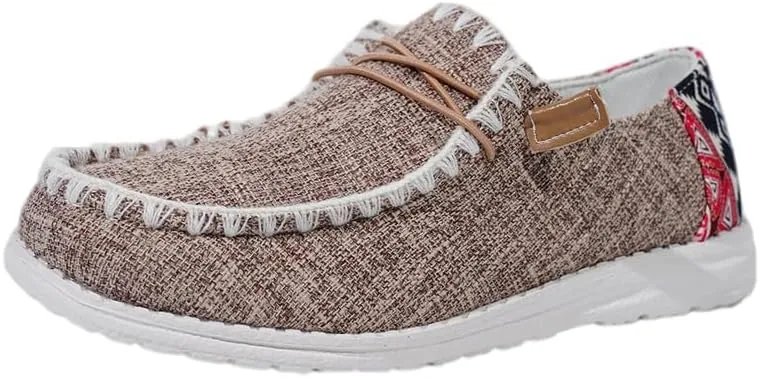Unisex-Adult Aztec Comfort Canvas Loafers Sneakers Lightweight Boat Shoes Easy Slip-On Deck Shoes Elastic Lace-Up Non-Slip Flat Drving Shoes Breathable Walking Shoes for Men Women, Brown/Khaki/Black