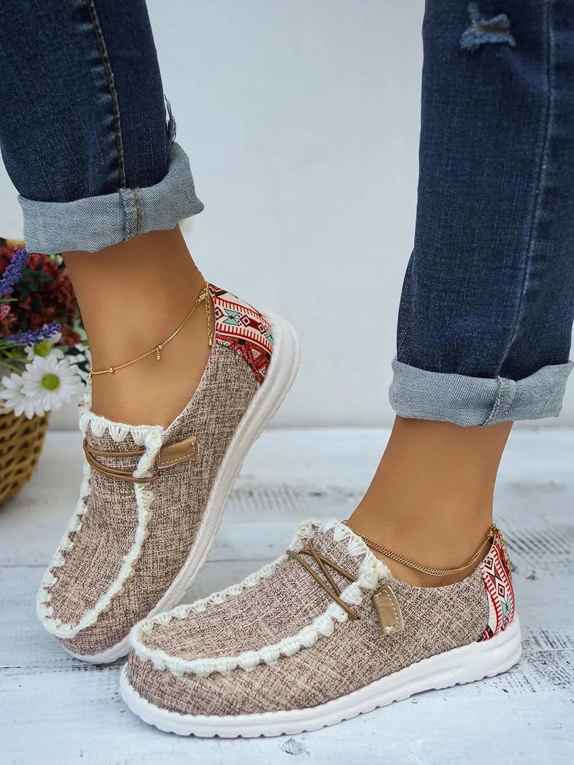 Unisex-Adult Aztec Comfort Canvas Loafers Sneakers Lightweight Boat Shoes Easy Slip-On Deck Shoes Elastic Lace-Up Non-Slip Flat Drving Shoes Breathable Walking Shoes for Men Women, Brown/Khaki/Black