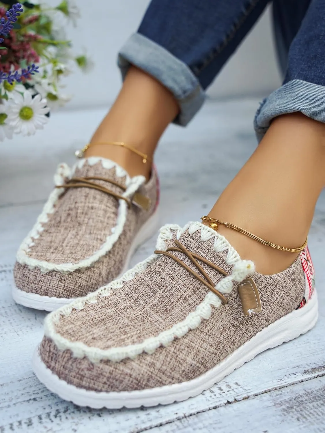 Unisex-Adult Aztec Comfort Canvas Loafers Sneakers Lightweight Boat Shoes Easy Slip-On Deck Shoes Elastic Lace-Up Non-Slip Flat Drving Shoes Breathable Walking Shoes for Men Women, Brown/Khaki/Black