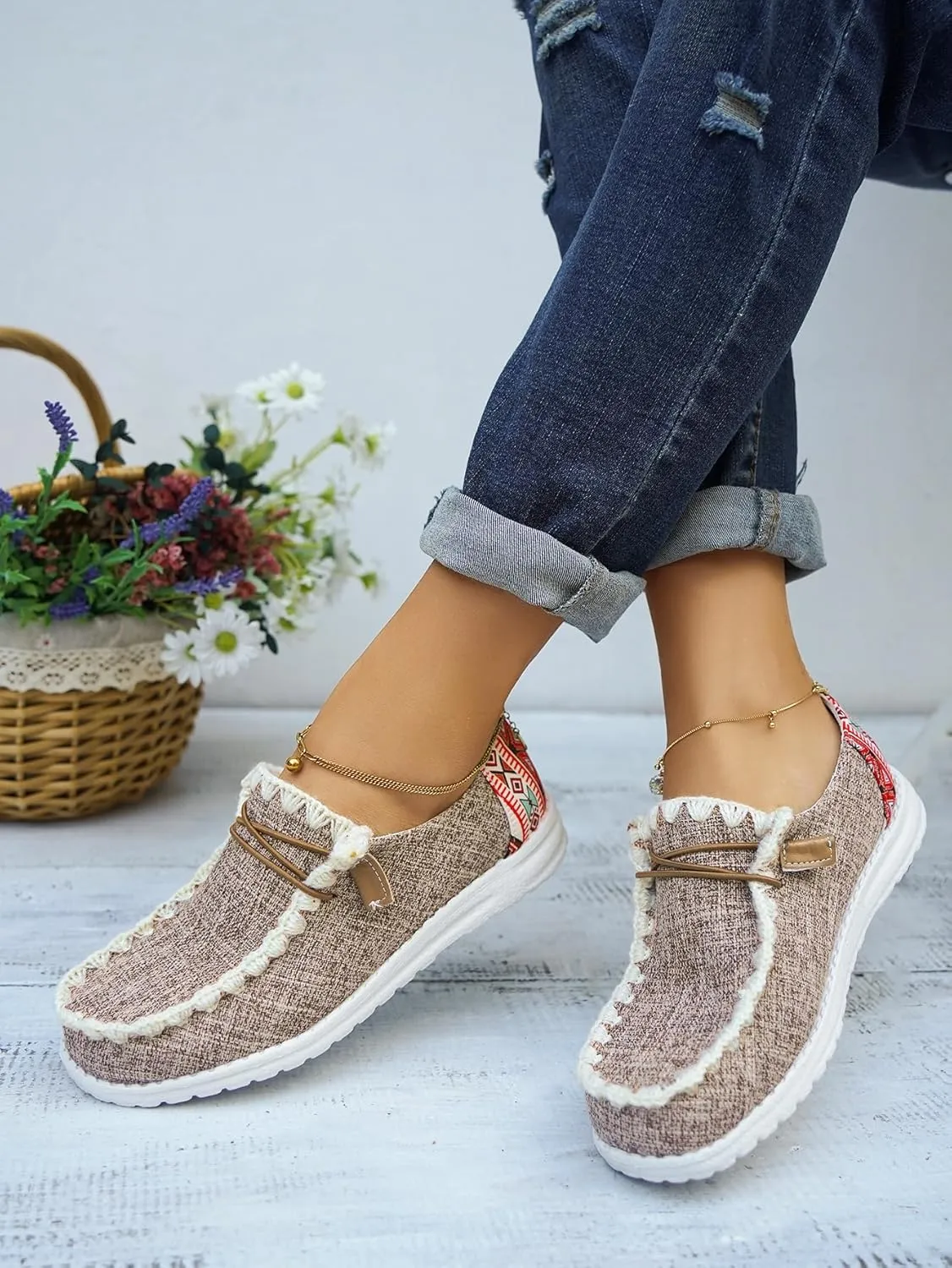 Unisex-Adult Aztec Comfort Canvas Loafers Sneakers Lightweight Boat Shoes Easy Slip-On Deck Shoes Elastic Lace-Up Non-Slip Flat Drving Shoes Breathable Walking Shoes for Men Women, Brown/Khaki/Black