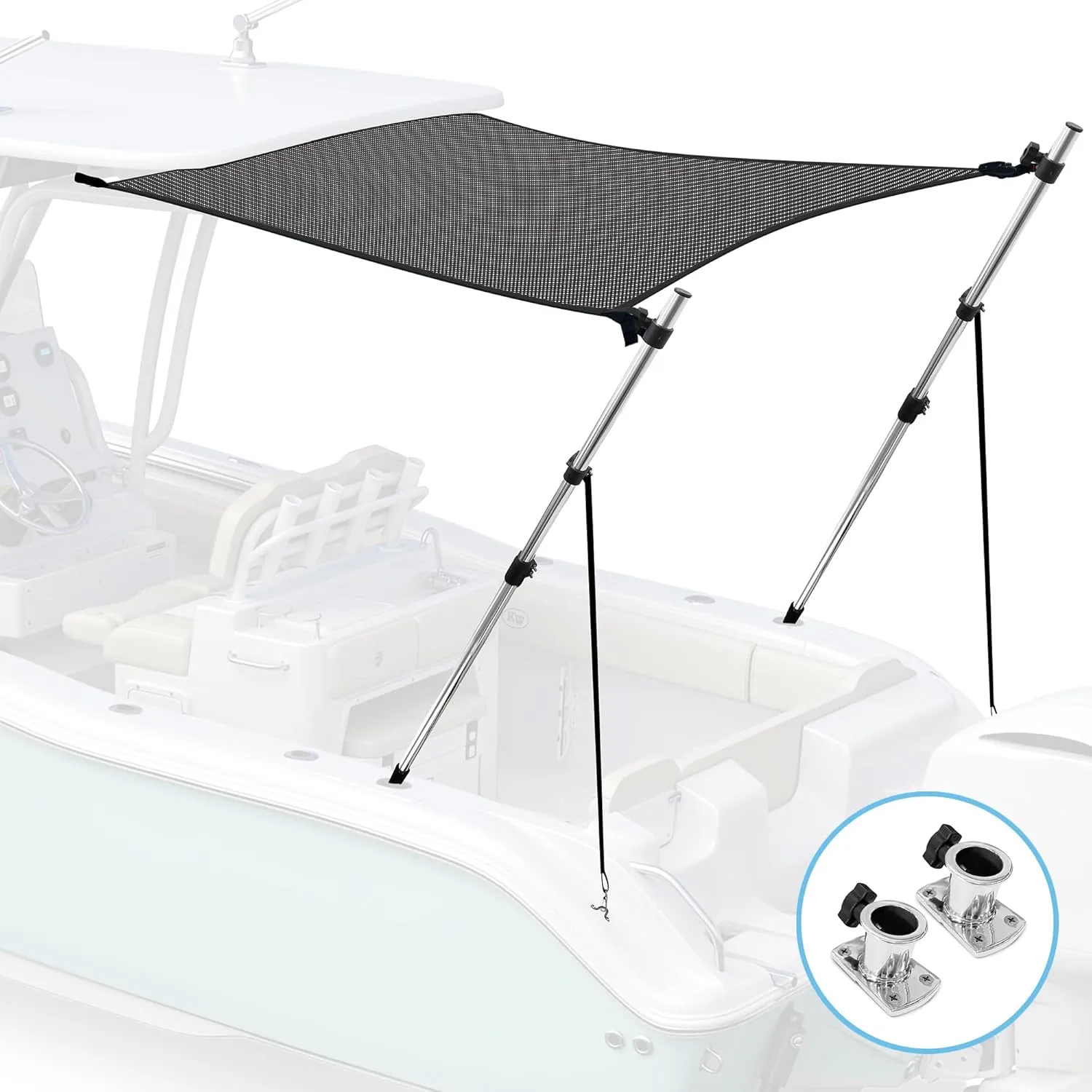 Universal T-Top Shade Extension Bimini Tops for Boats, Sun Shade Boat Canopy, Adjustable Telescopic Poles, Marine 900D Fadeproof Boat Cover, Includes Base Mounts, 90" L x 96" W, Mesh