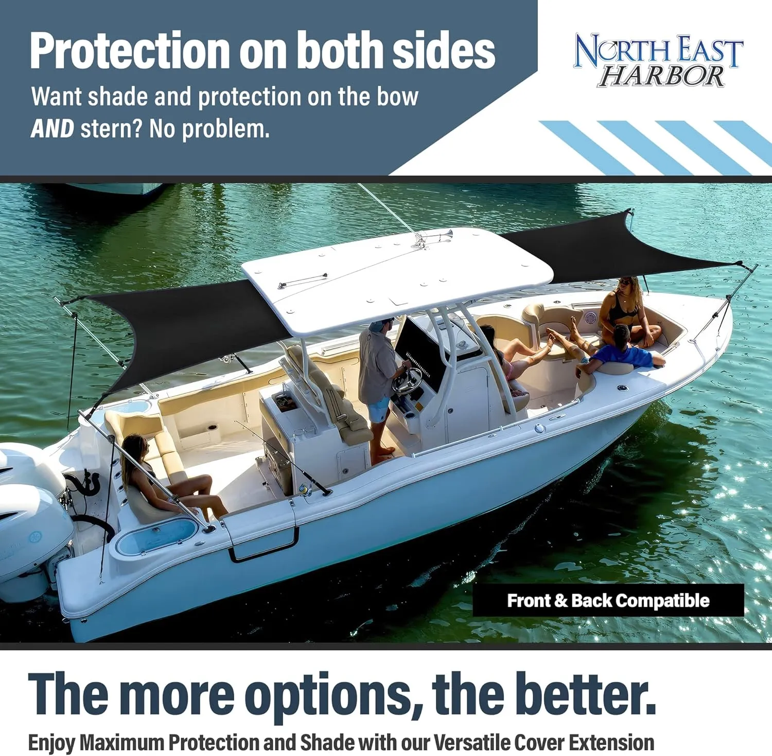 Universal T-Top Shade Extension Bimini Tops for Boats, Sun Shade Boat Canopy, Adjustable Telescopic Poles, Marine 900D Fadeproof Boat Cover, Includes Base Mounts, 90" L x 96" W, Mesh