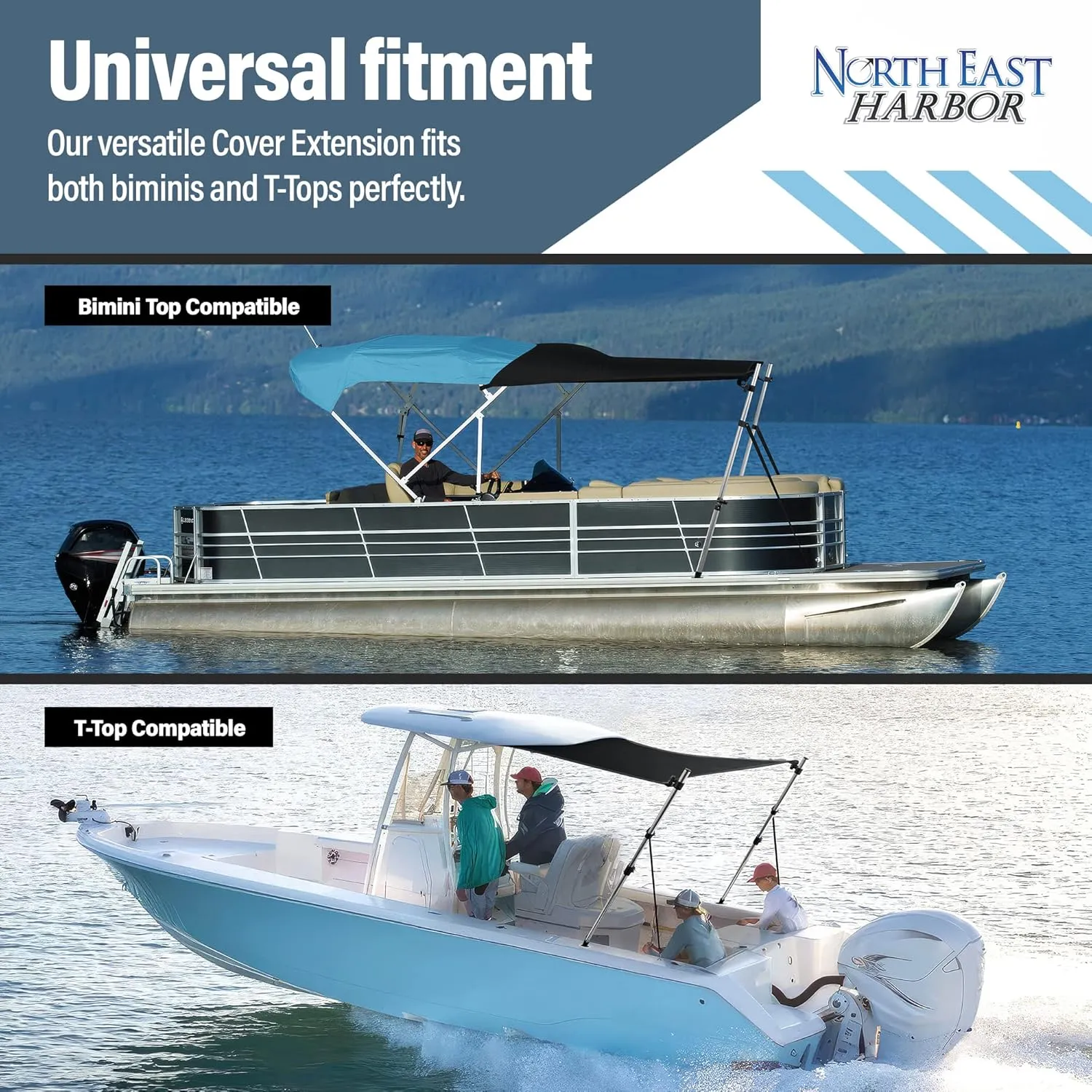Universal T-Top Shade Extension Bimini Tops for Boats, Sun Shade Boat Canopy, Adjustable Telescopic Poles, Marine 900D Fadeproof Boat Cover, Includes Base Mounts, 90" L x 96" W, Mesh