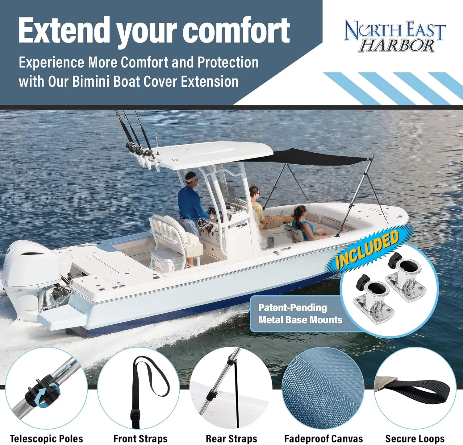 Universal T-Top Shade Extension Bimini Tops for Boats, Sun Shade Boat Canopy, Adjustable Telescopic Poles, Marine 900D Fadeproof Boat Cover, Includes Base Mounts, 90" L x 96" W, Mesh