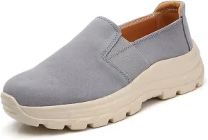 URLECHS Women's Leather Round Toe Platform Loafers Casual Fashion Slip On Low Top Sneakers Lightweight Comfortable Walking Shoes