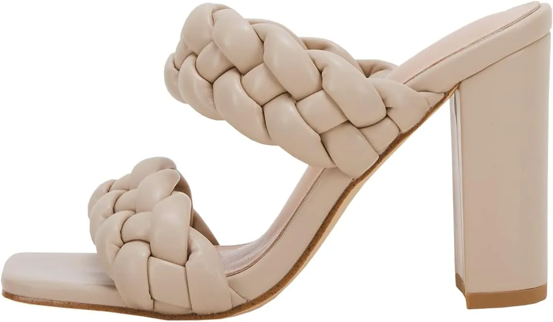 VETASTE Women's Braided Heeled Sandals Chunky Heels Mules Square Open Toe High Block Heel Sandals