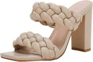 VETASTE Women's Braided Heeled Sandals Chunky Heels Mules Square Open Toe High Block Heel Sandals
