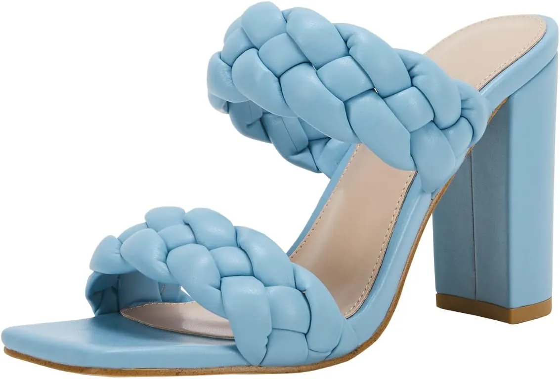 VETASTE Women's Braided Heeled Sandals Chunky Heels Mules Square Open Toe High Block Heel Sandals