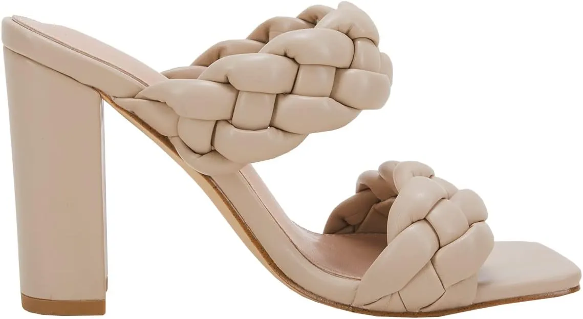 VETASTE Women's Braided Heeled Sandals Chunky Heels Mules Square Open Toe High Block Heel Sandals