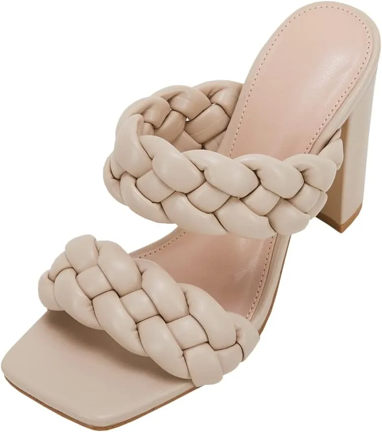 VETASTE Women's Braided Heeled Sandals Chunky Heels Mules Square Open Toe High Block Heel Sandals