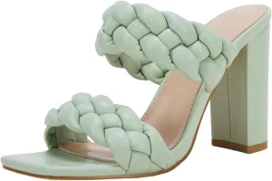 VETASTE Women's Braided Heeled Sandals Chunky Heels Mules Square Open Toe High Block Heel Sandals