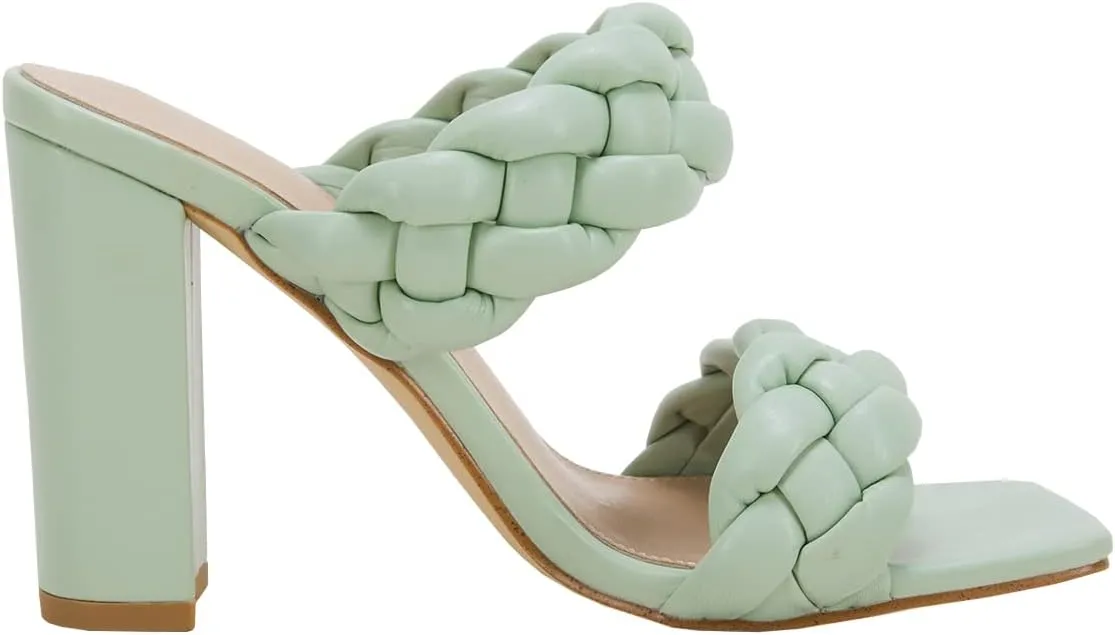 VETASTE Women's Braided Heeled Sandals Chunky Heels Mules Square Open Toe High Block Heel Sandals