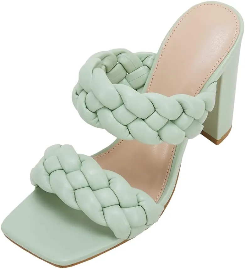 VETASTE Women's Braided Heeled Sandals Chunky Heels Mules Square Open Toe High Block Heel Sandals