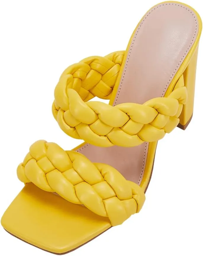 VETASTE Women's Braided Heeled Sandals Chunky Heels Mules Square Open Toe High Block Heel Sandals