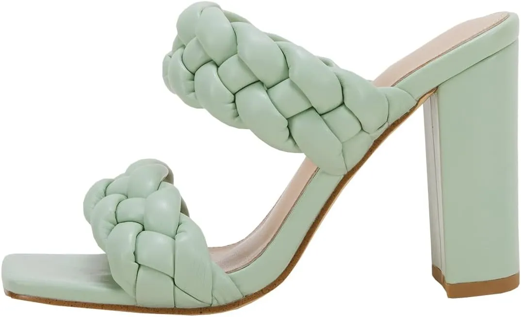 VETASTE Women's Braided Heeled Sandals Chunky Heels Mules Square Open Toe High Block Heel Sandals