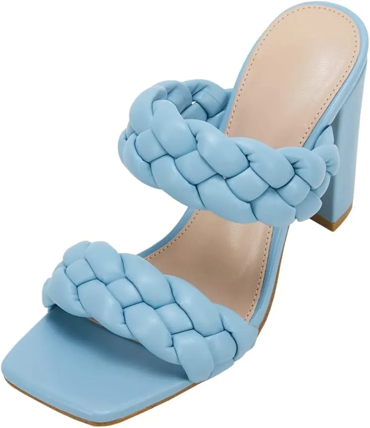 VETASTE Women's Braided Heeled Sandals Chunky Heels Mules Square Open Toe High Block Heel Sandals