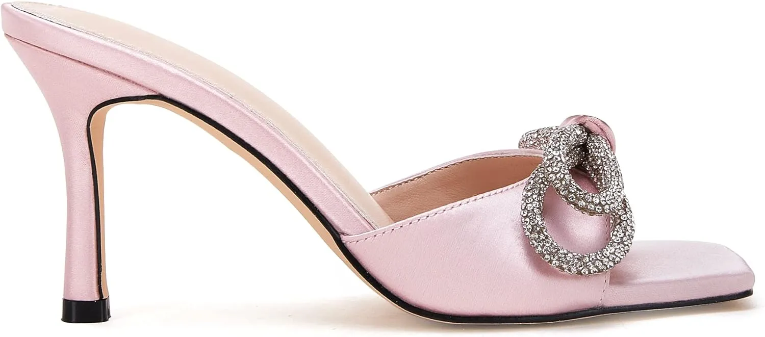VETASTE Women's Heeled Sandals Square Open Toe Double Bow Satin Mules Heels Wedding Party Slip on Stilettos