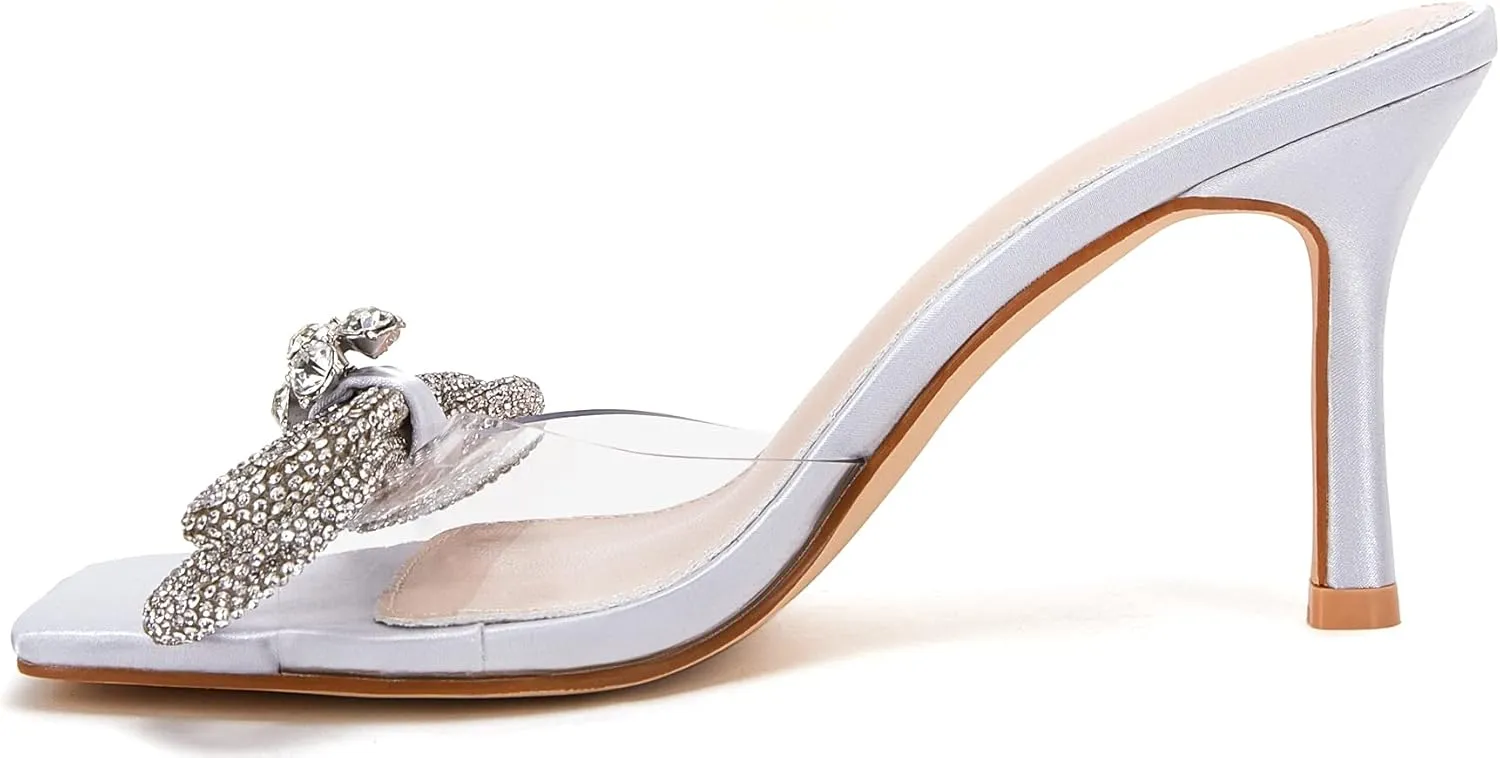 VETASTE Women's Heeled Sandals Square Open Toe Double Bow Satin Mules Heels Wedding Party Slip on Stilettos