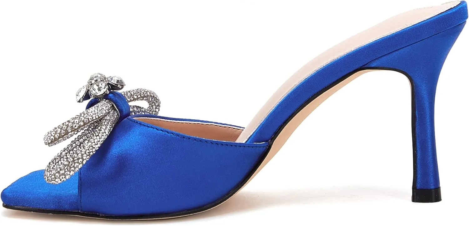 VETASTE Women's Heeled Sandals Square Open Toe Double Bow Satin Mules Heels Wedding Party Slip on Stilettos