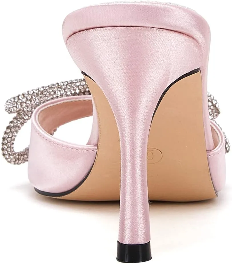 VETASTE Women's Heeled Sandals Square Open Toe Double Bow Satin Mules Heels Wedding Party Slip on Stilettos