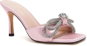 VETASTE Women's Heeled Sandals Square Open Toe Double Bow Satin Mules Heels Wedding Party Slip on Stilettos