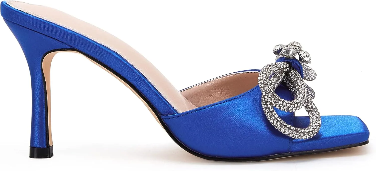 VETASTE Women's Heeled Sandals Square Open Toe Double Bow Satin Mules Heels Wedding Party Slip on Stilettos