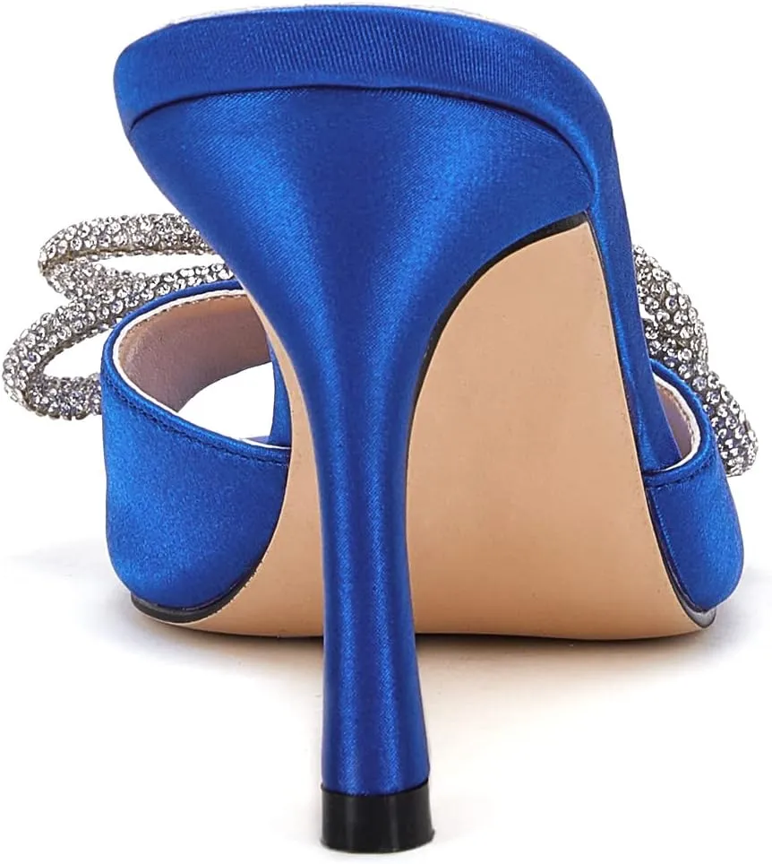 VETASTE Women's Heeled Sandals Square Open Toe Double Bow Satin Mules Heels Wedding Party Slip on Stilettos