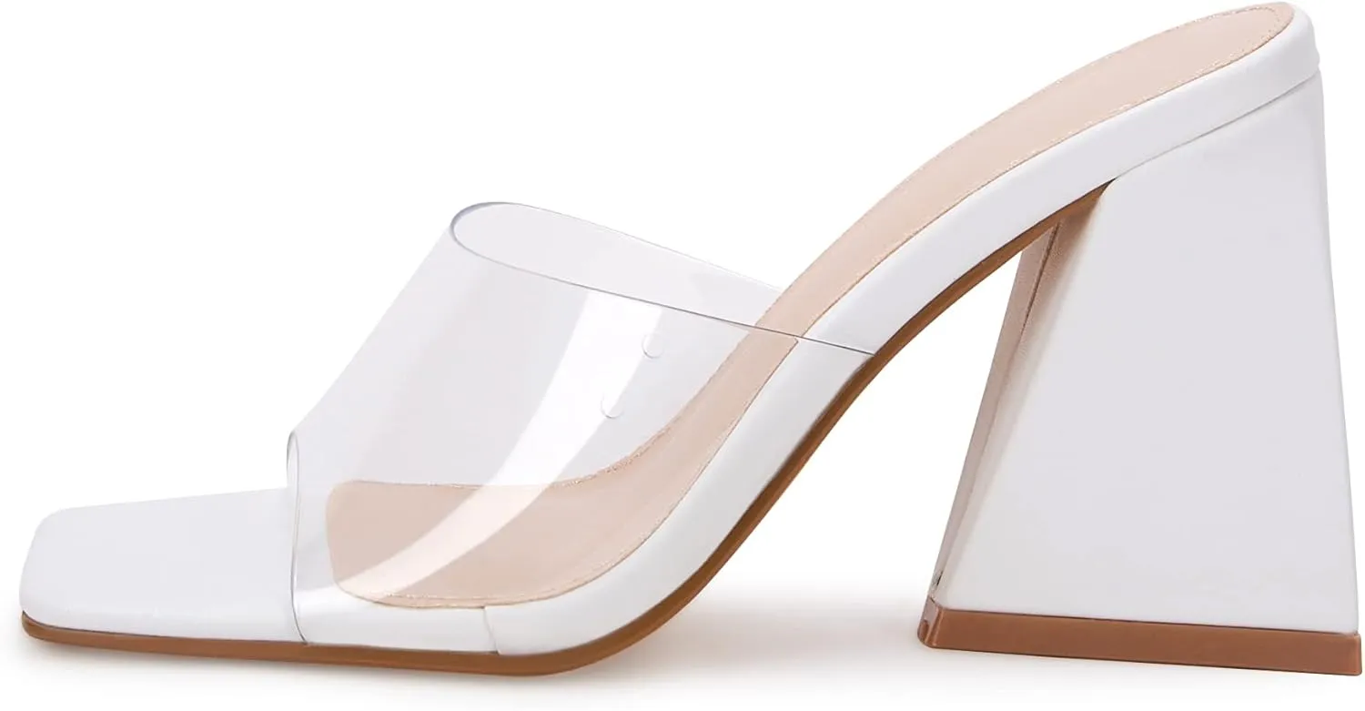 VETASTE Women's Heeled Sandals Square Open Toe Slip on Block Heels Mules