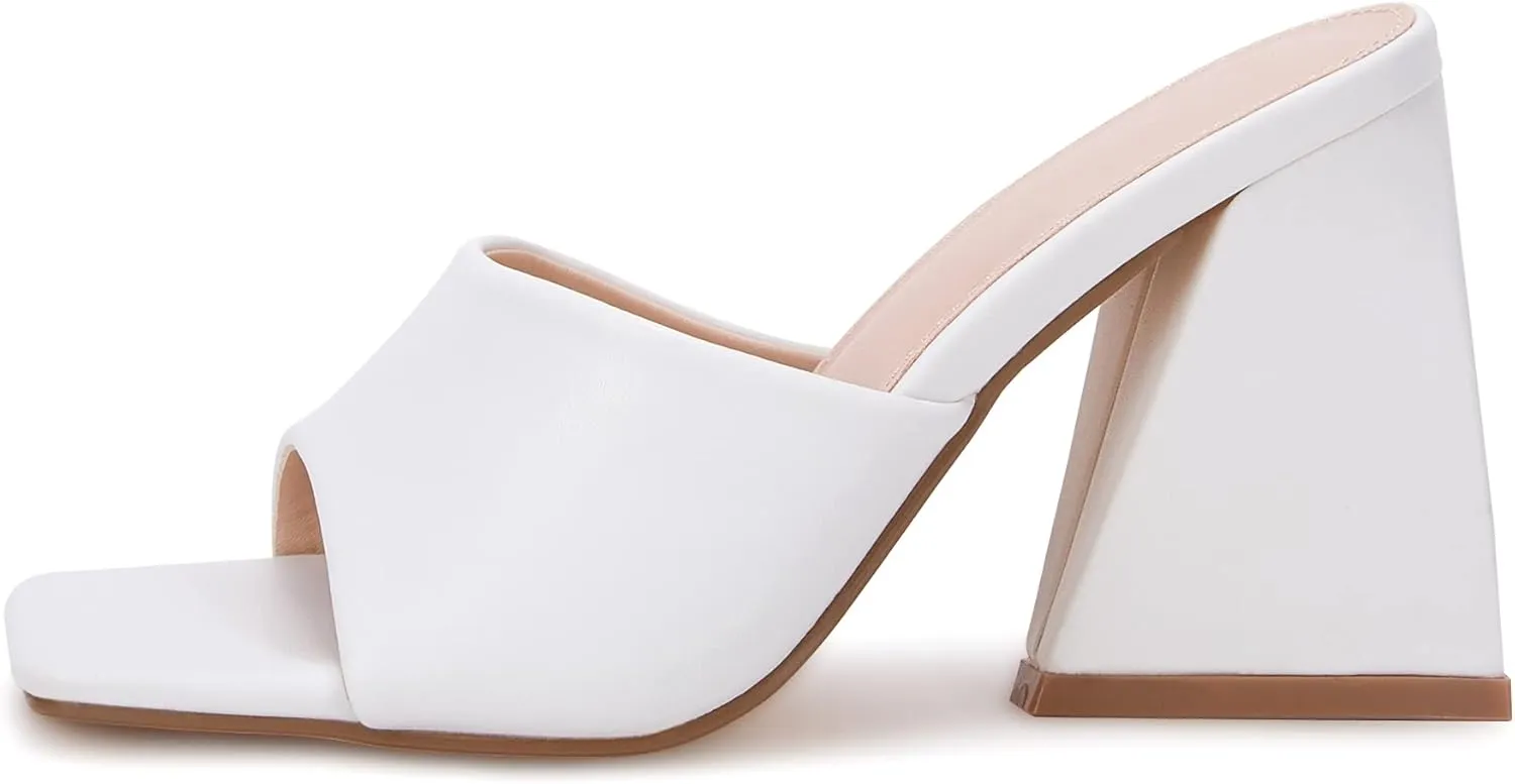VETASTE Women's Heeled Sandals Square Open Toe Slip on Block Heels Mules