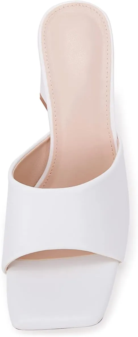 VETASTE Women's Heeled Sandals Square Open Toe Slip on Block Heels Mules