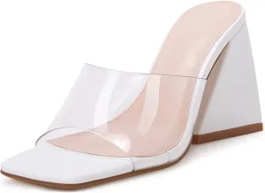 VETASTE Women's Heeled Sandals Square Open Toe Slip on Block Heels Mules