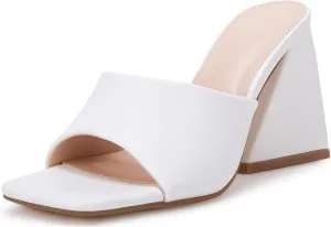 VETASTE Women's Heeled Sandals Square Open Toe Slip on Block Heels Mules