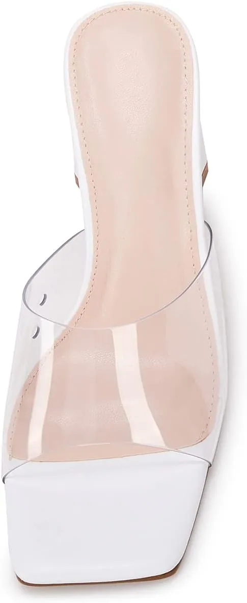 VETASTE Women's Heeled Sandals Square Open Toe Slip on Block Heels Mules