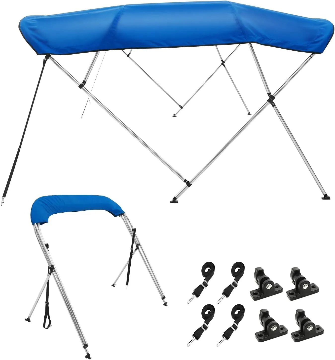 VEVOR 4 Bow Bimini Top Boat Cover, 900D Polyester Canopy with 1" Aluminum Alloy Frame, Waterproof and Sun Shade, Includes Storage Boot, 2 Support Poles, 4 Straps, 8'L x 54"H x 91"-96"W, Pacific Blue