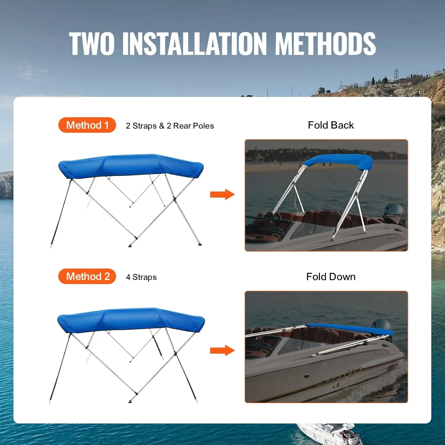 VEVOR 4 Bow Bimini Top Boat Cover, 900D Polyester Canopy with 1" Aluminum Alloy Frame, Waterproof and Sun Shade, Includes Storage Boot, 2 Support Poles, 4 Straps, 8'L x 54"H x 91"-96"W, Pacific Blue