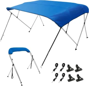 VEVOR 4 Bow Bimini Top Boat Cover, 900D Polyester Canopy with 1" Aluminum Alloy Frame, Waterproof and Sun Shade, Includes Storage Boot, 2 Support Poles, 4 Straps, 8'L x 54"H x 91"-96"W, Pacific Blue