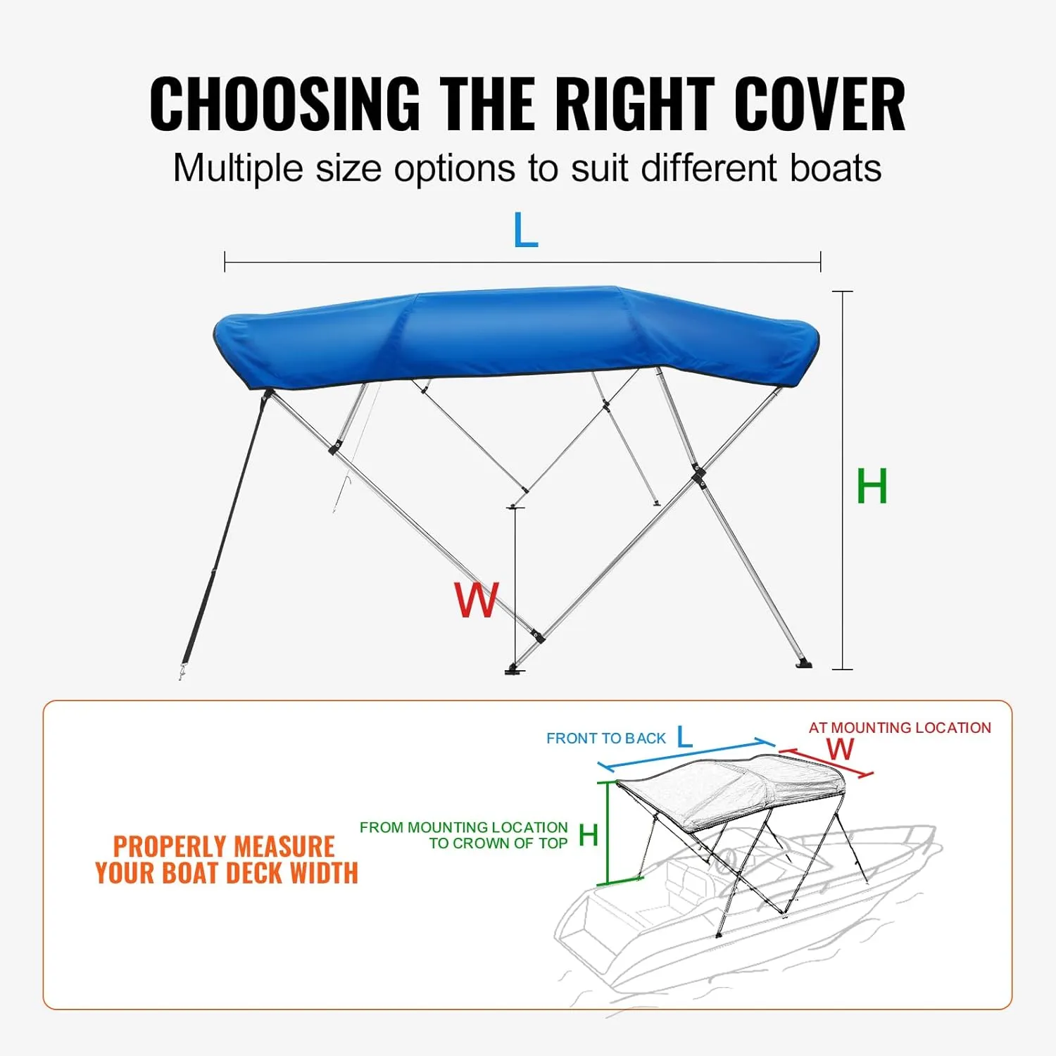 VEVOR 4 Bow Bimini Top Boat Cover, 900D Polyester Canopy with 1" Aluminum Alloy Frame, Waterproof and Sun Shade, Includes Storage Boot, 2 Support Poles, 4 Straps, 8'L x 54"H x 91"-96"W, Pacific Blue