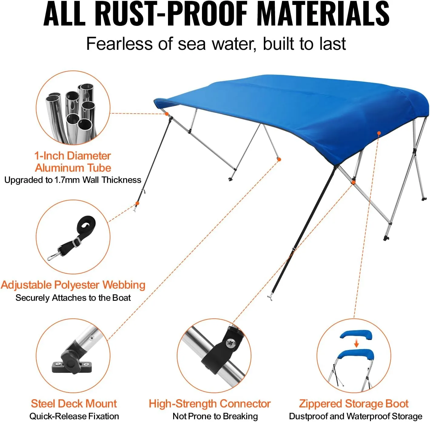 VEVOR 4 Bow Bimini Top Boat Cover, 900D Polyester Canopy with 1" Aluminum Alloy Frame, Waterproof and Sun Shade, Includes Storage Boot, 2 Support Poles, 4 Straps, 8'L x 54"H x 91"-96"W, Pacific Blue