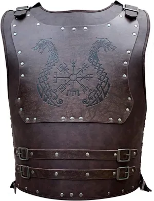 Viking Leather Armor - Medieval Leather Chest Vest Brown with Vegvisir and Dragon Boat Pattern