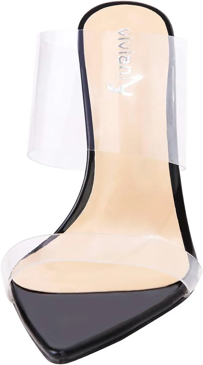 vivianly Clear Pointed Toe Heels Sandals Transparent Strap Stiletto High Heels Slip on Mules for Women