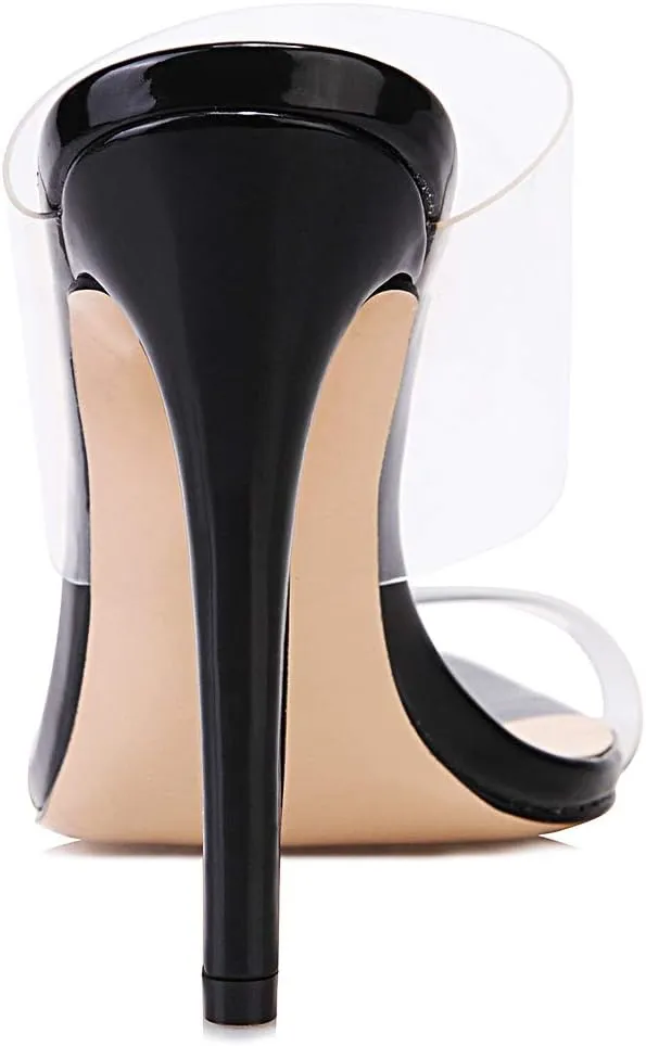 vivianly Clear Pointed Toe Heels Sandals Transparent Strap Stiletto High Heels Slip on Mules for Women