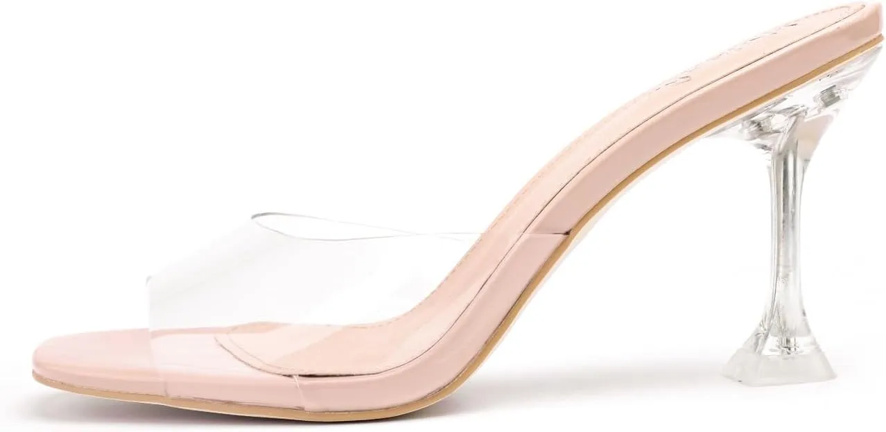 vivianly Womens Clear Heels Sandals Transparent Stiletto Heel Slippers Backless Peep Toe Slip on Heeled Mules