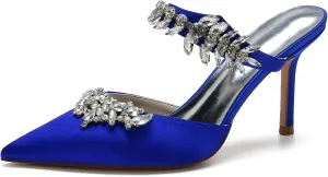 VULTRO Women's Rhinestone Heeled Sandals Pointed Toe Stilettos Mules Slip on Wedding Dress Pumps Slippers