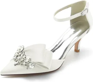 VULTRO Women's Rhinestone High Heels Closed Toe Mid Kitten Heel Ankle Strap Buckle Wedding Bridal Dress Shoes
