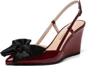 WAYDERNS Womens Bow Patent Buckle Slingback Wedding Cute Ankle Strap Pointed Toe Wedge High Heel Pumps Shoes 3.3 Inch
