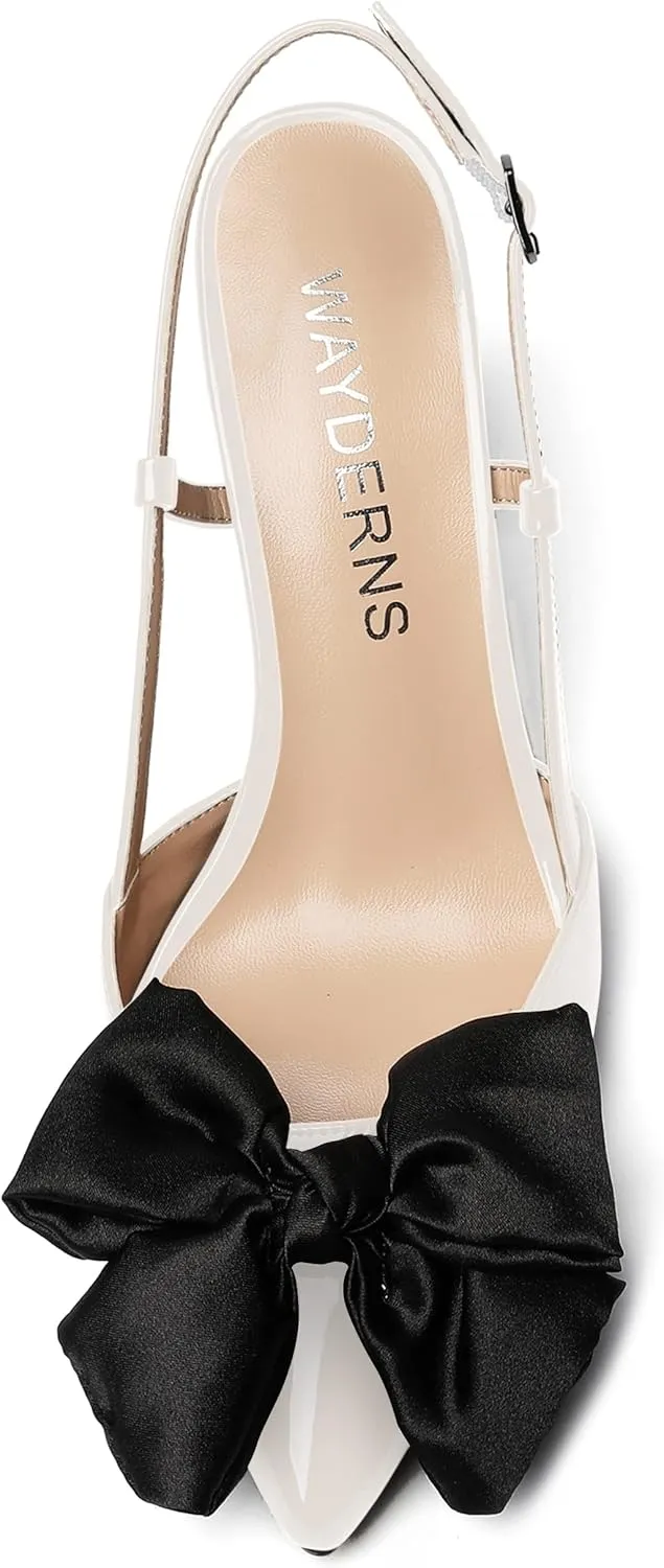 WAYDERNS Womens Bow Patent Buckle Slingback Wedding Cute Ankle Strap Pointed Toe Wedge High Heel Pumps Shoes 3.3 Inch
